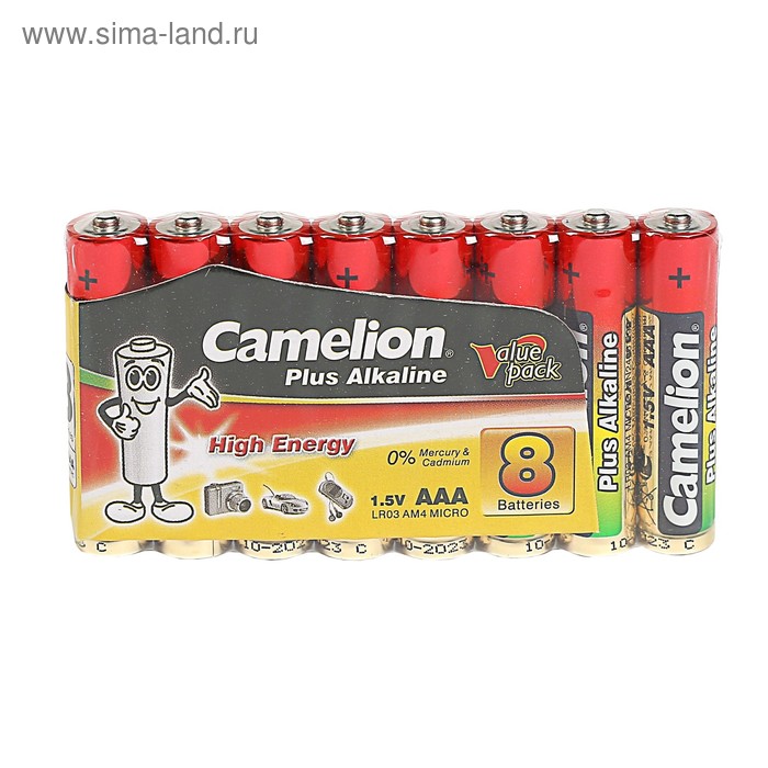 Батарейка алкалиновая Camelion Plus Alkaline, AAA, LR03-8S (LR03-SP8), 1.5В, спайка, 8 шт. - Фото 1