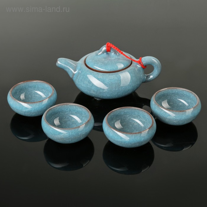 Набор для чайной церемонии керамический «Искушение», 5 предметов: чайник 180 мл, 4 чашки 50 мл, цвет голубой - Фото 1
