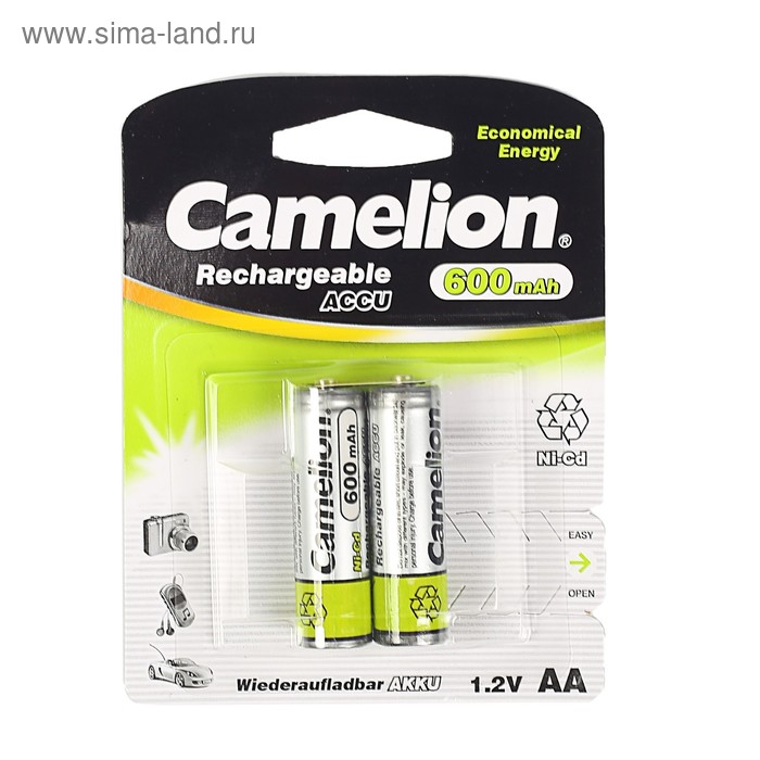 Аккумулятор Camelion, AA, Ni-Cd, KR6-2BL (NC-AA600BP2), 1.2В, 600 мАч, блистер, 2 шт. - Фото 1