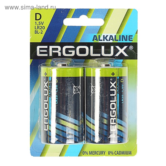 Батарейка алкалиновая Ergolux, LR20-2BL (LR20 BL-2), 1.5В, блистер, 2 шт. - Фото 1