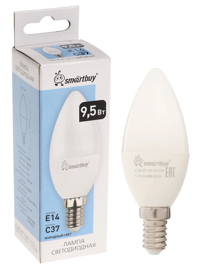 Лампа светодиодная Smartbuy, Е14, C37, 9.5 Вт, 6000 К, холодный белый свет - Фото 1