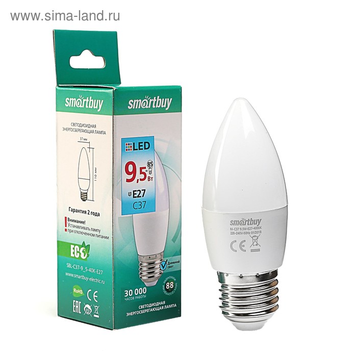 Лампа светодиодная Smartbuy, Е27, C37, 9.5 Вт, 4000 К, дневной белый свет - Фото 1
