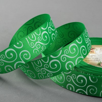 Лента репсовая «Узоры», 25 мм, 23 ± 1 м, цвет зелёный/белый №19
