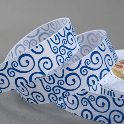 Лента репсовая «Узоры», 25 мм, 23 ± 1 м, цвет белый/синий №01