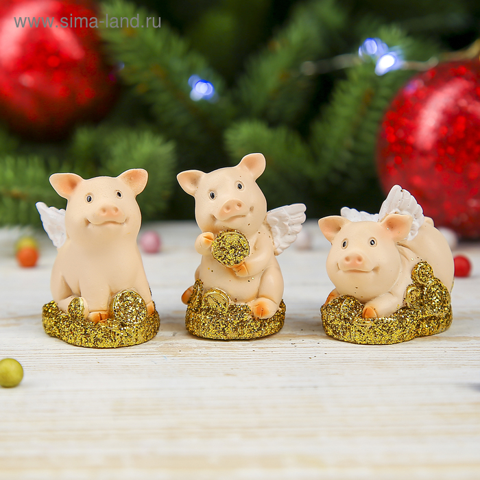 Сувенир полистоун "Поросёнок-ангелок на золотых монетах" МИКС 4,5х3х2,5 см - Фото 1