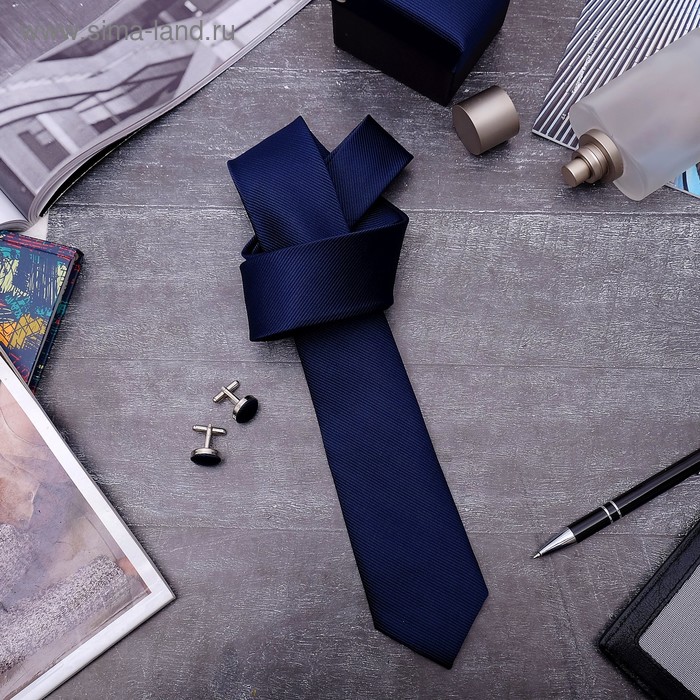 Набор мужской "Премьер" галстук 145*5см самовяз, запонки, тонкая полоска, цвет тёмно-синий - Фото 1