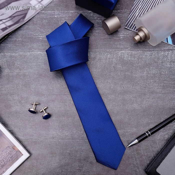Набор мужской "Премьер" галстук 145*5см самовяз, запонки, мелкий квадрат, цвет синий - Фото 1