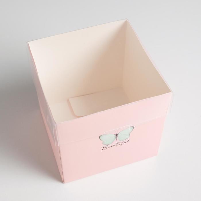 Коробка для цветов с PVC крышкой «с любовью», 12 × 12 × 12 см. Коробка для цветов с PVC крышкой. Коробка подарочная с PVC крышкой. Коробка PVC складная. Pvc коробка