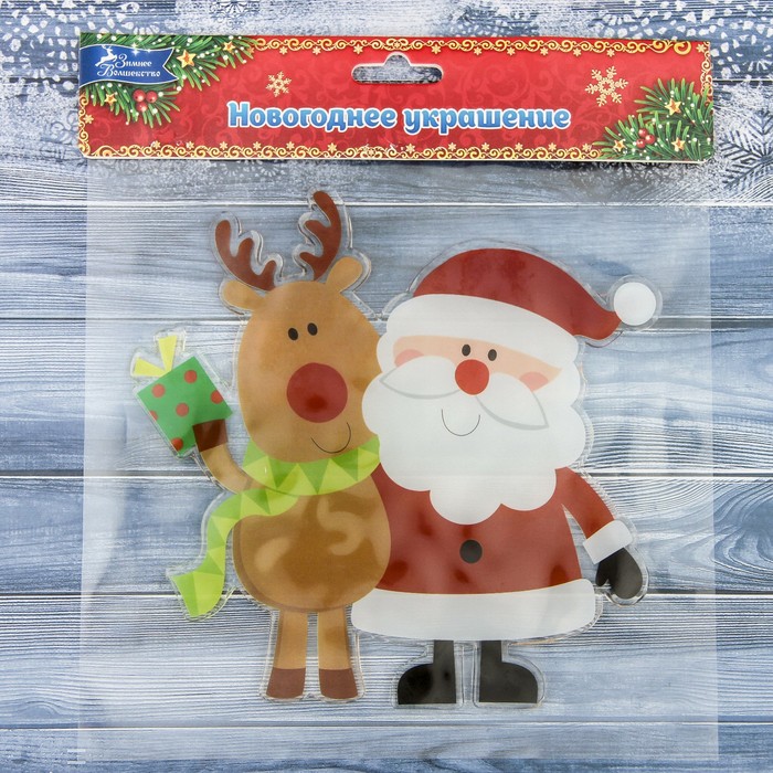 Наклейка на стекло "Дед Мороз с оленем" 16,5х16,5 см - фото 1899621250
