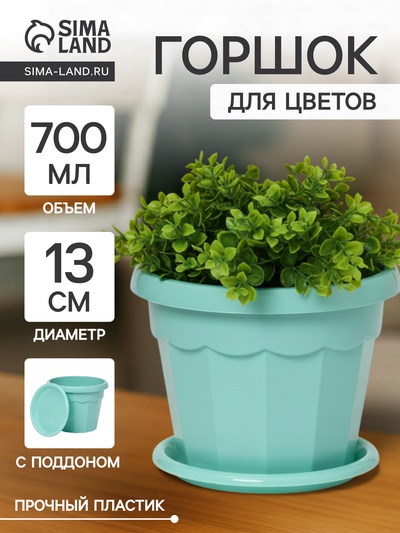 Горшок для цветов с поддоном Доляна «Эрика», 0,7 л, цвет бирюзовый
