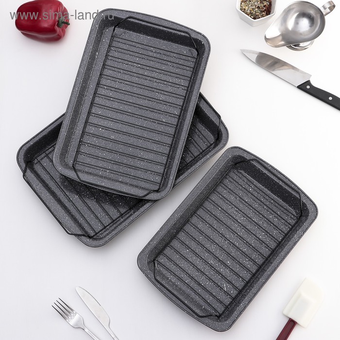 Набор форм для выпечки "Прямоугольник. Мрамор", 3 предмета, с ручками и решеткой - Фото 1