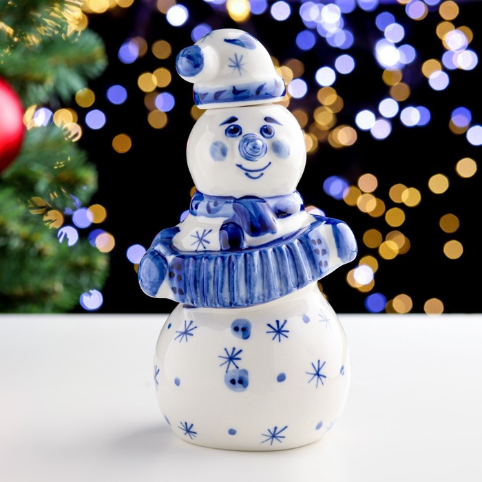 Штоф фарфоровый гжель «Снеговик Балагур», 20 см, 0.5 л - Фото 1