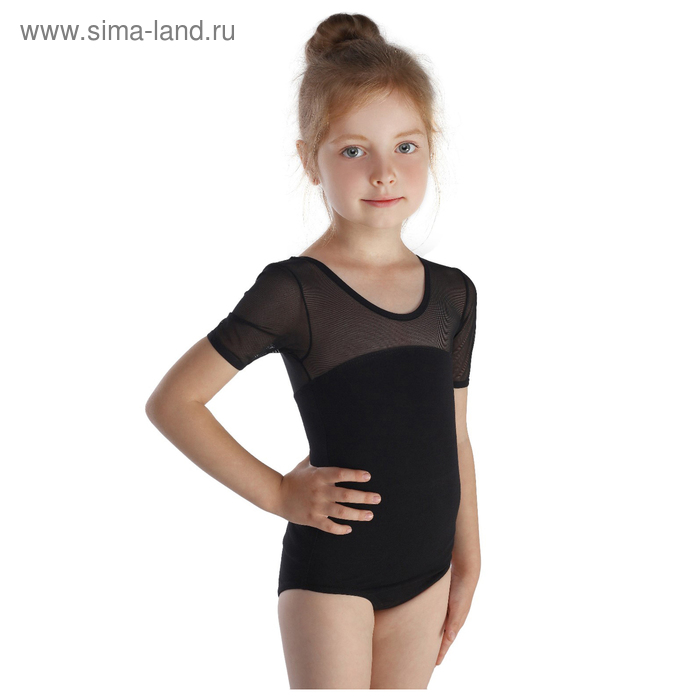 Купальник гимнастический, сеточка, короткий рукав, размер 28, цвет чёрный - Фото 1