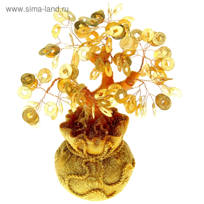 Сувенир дерево "Золотой мешок" 8 х 8 х 14 см 105 м-т золото d=1,5 см - Фото 1