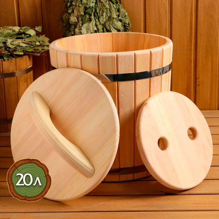 Кадка кедровая, 20л, нержавеющий обруч, с крышкой, с гнетом - Фото 1