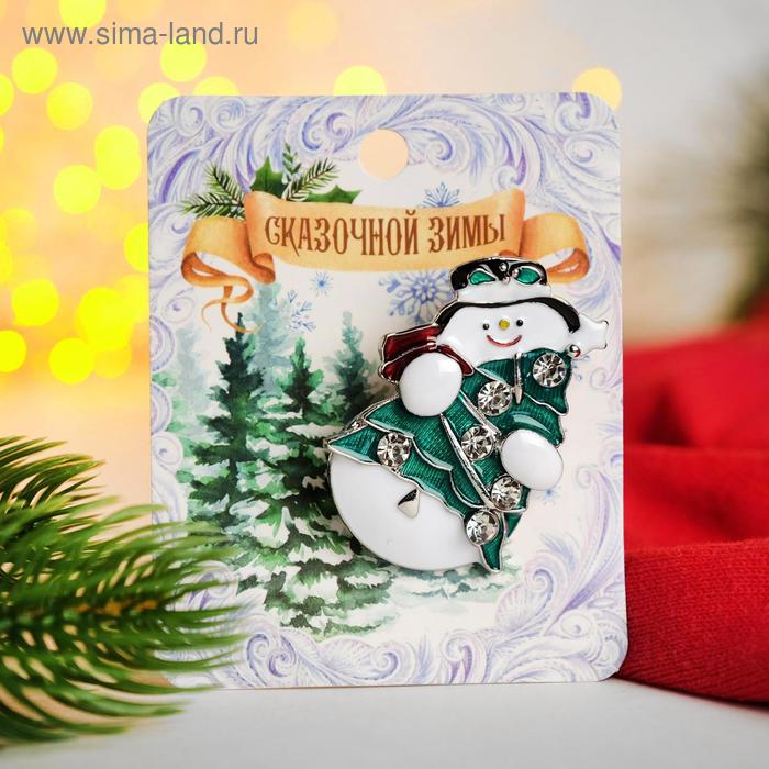 Брошь новогодняя "Снеговик весёлый", цветная в серебре - Фото 1