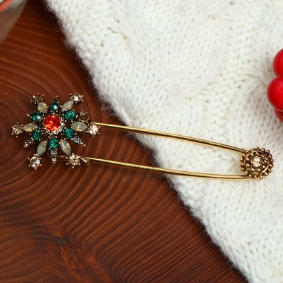 Булавка новогодняя «Снежинка рождественская» оригинальная, 7,5см, цветная в чернёном кофейном золоте