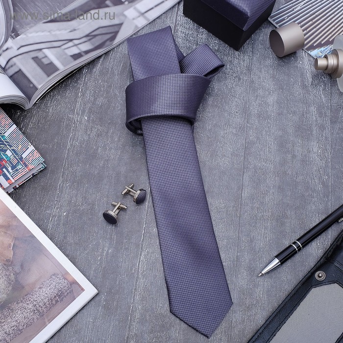 Набор мужской "Премьер" галстук 145*5см самовяз, запонки, мелкий квадрат, цвет серый металлик - Фото 1