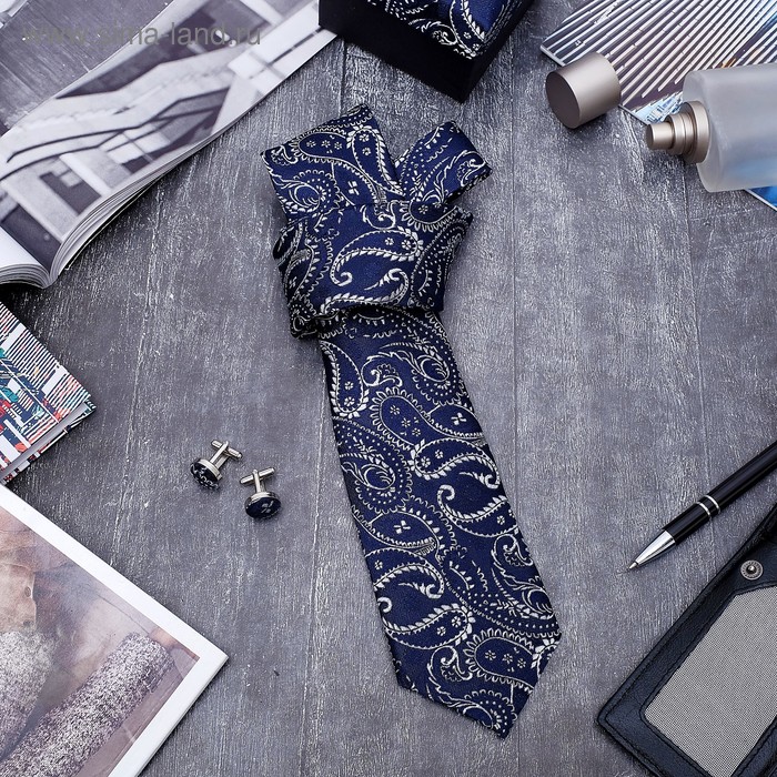 Набор мужской "Стиль" галстук 145*5см самовяз, запонки, турецкий огурец, цвет тёмно-серый - Фото 1