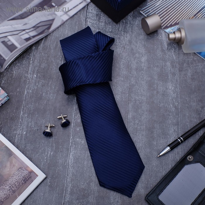 Набор мужской "Стиль" галстук 145*5см самовяз, запонки, линии тонкие, цвет тёмно-синий - Фото 1