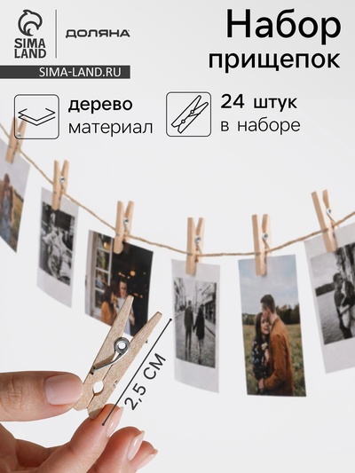 Прищепки Доляна, деревянные, 2.5×0.7 см, 24 шт.