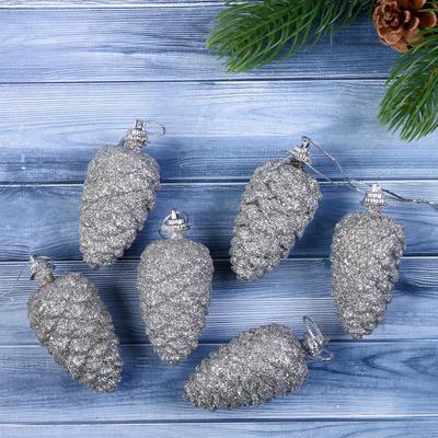 Ёлочные игрушки 6 шт. «Шишки», 3.5×6 см, серебро