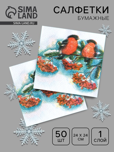 Салфетки новогодние бумажные «Снегири», 24×24 см, 50 шт.