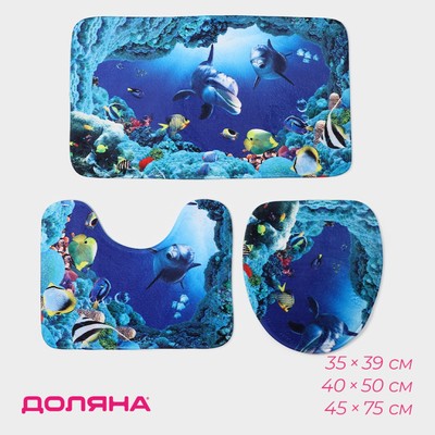 Коврики для ванной и туалета Доляна «Дельфин», 3 шт., 35×39, 40×50, 45×75 см