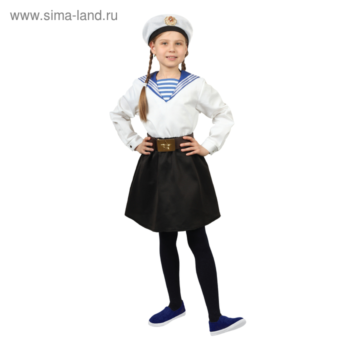Карнавальный костюм «Морячка в бескозырке» для девочки, белая фланка, юбка, ремень, р. 36, рост 140 см - Фото 1