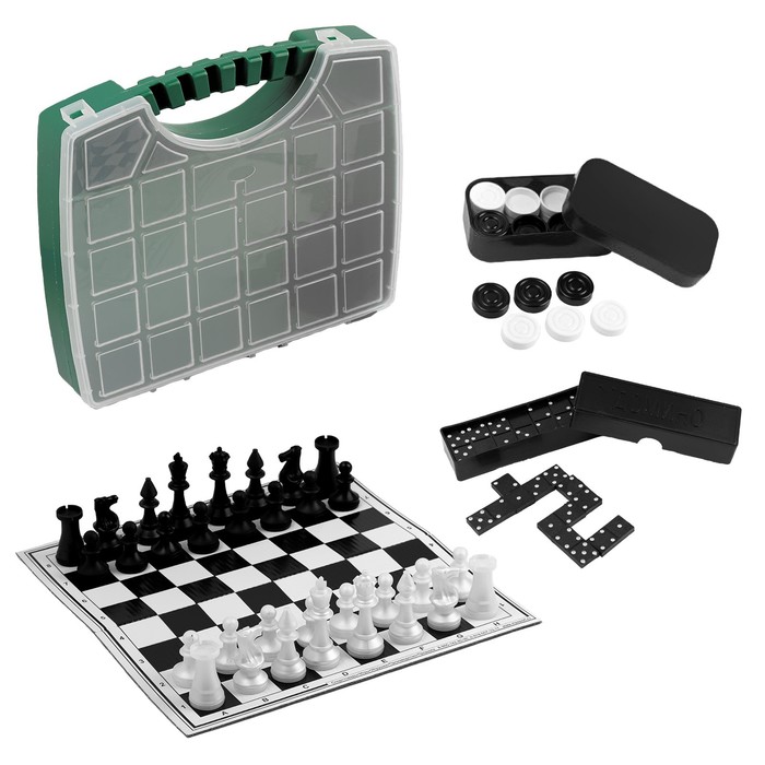 Настольная игра 3 в 1 "В дорогу": шахматы, домино, шашки (2 доски из картона 29х29 см) - фото 1906945387