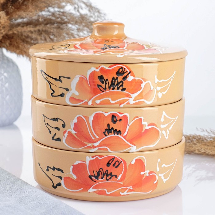 Набор для холодца Псковский гончар «Подарочный. Мак», 3 шт., 750 мл, керамика, бежевый - Фото 1