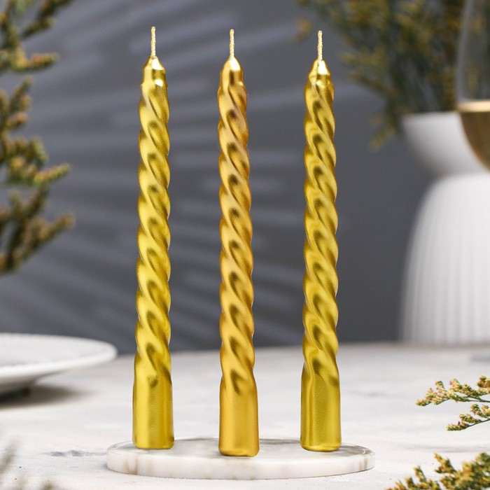 Набор свечей витых, 1,5х 15 см, 3 штуки, золотой блистер - Фото 1
