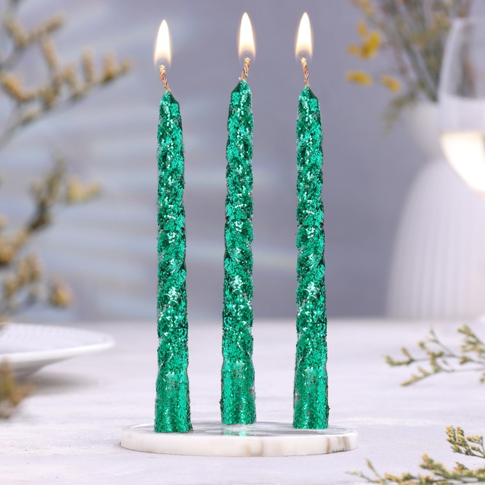 Набор свечей витых, 1,5х 15 см, 3 штуки, зелёный блистер - Фото 1