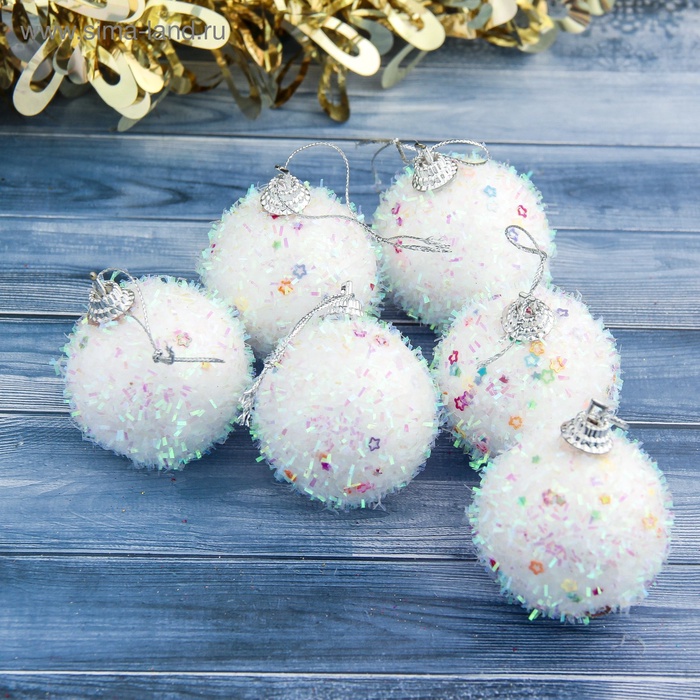 Ёлочные игрушки «Пушистый блеск», шары новогодние, d=5 см, набор 6 шт., белый - Фото 1