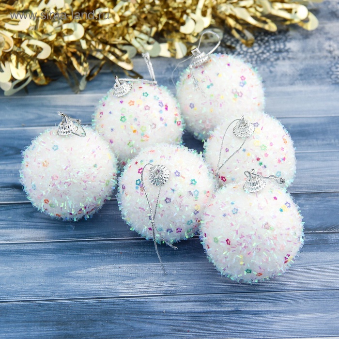 Ёлочные игрушки «Пушистый блеск», шары новогодние, d=6 см, 6 шт., белый - Фото 1