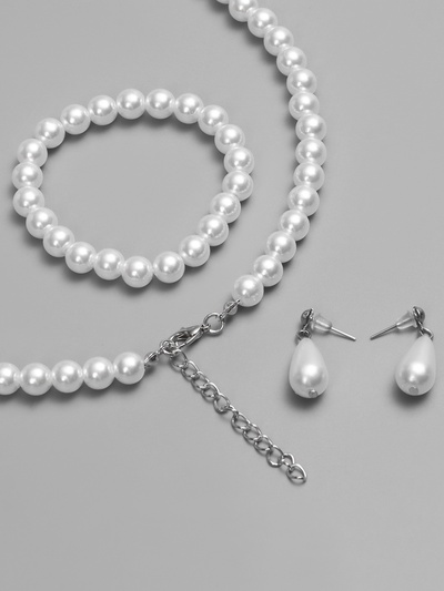Набор 3 предмета: серьги, бусы, браслет «Классика», белый, 45 см