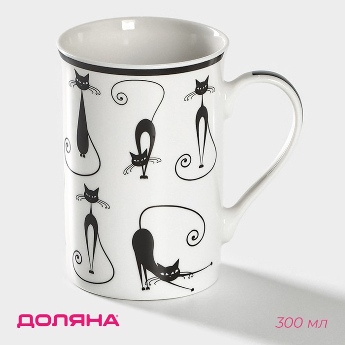 Кружка фарфоровая Доляна «Чёрный кот», 300 мл, цвет белый - Фото 1