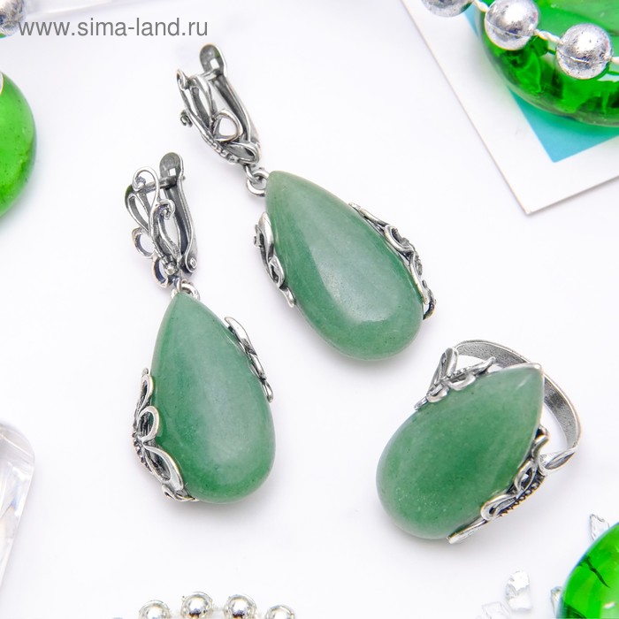 Гарнитур посеребрение 2 предмета: серьги, кольцо, капля, флора, «Нефрит», 17 р-р - Фото 1