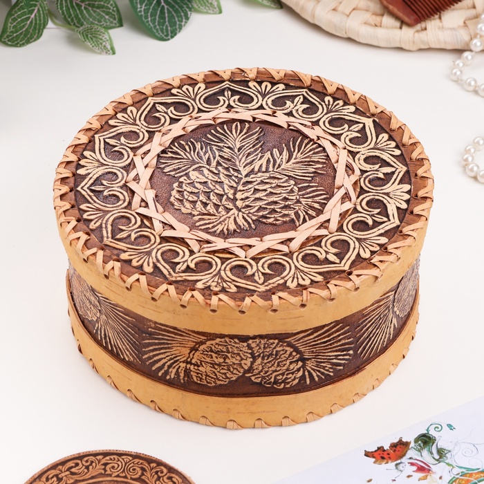 Шкатулка для украшений «Шишки», 18.5×18.5×8 см, береста - Фото 1