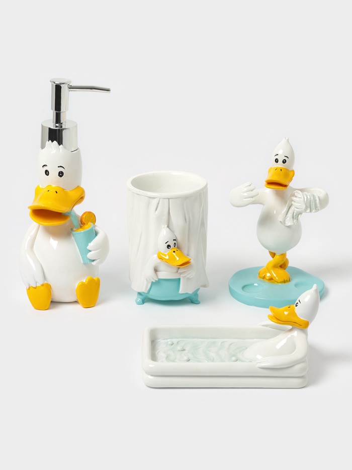 Набор аксессуаров для ванной комнаты «Утиные истории», 4 предмета, дозатор 200 мл, мыльница, стакан, подставка для щёток, белый - Фото 1
