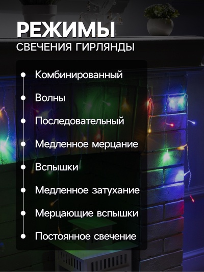 Гирлянда «Бахрома» 3×0.5 м, IP20, прозрачная нить, 80 LED, свечение мульти, 8 режимов, 220 В