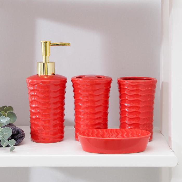 Набор аксессуаров для ванной комнаты Доляна «Волны», 4 предмета (дозатор 300 мл, мыльница, 2 стакана), цвет красный - Фото 1