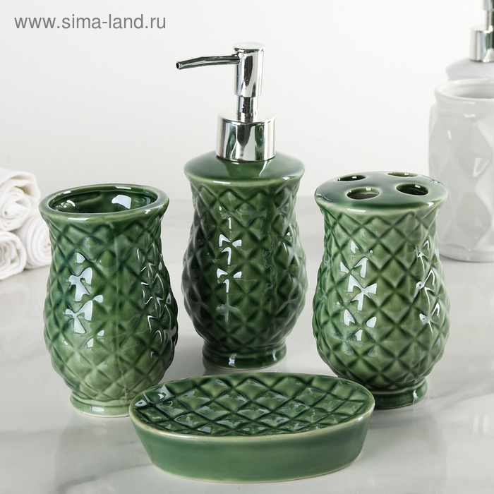 Набор аксессуаров для ванной комнаты «Град», 4 предмета (дозатор, мыльница, 2 стакана), цвет зелёный - Фото 1