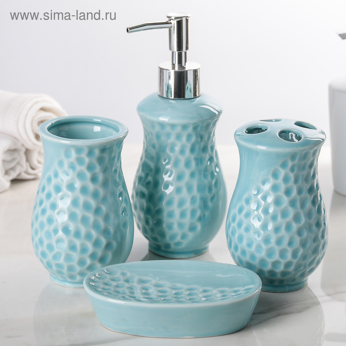 Набор аксессуаров для ванной комнаты «Риф», 4 предмета (дозатор, мыльница, 2 стакана), цвет голубой - Фото 1