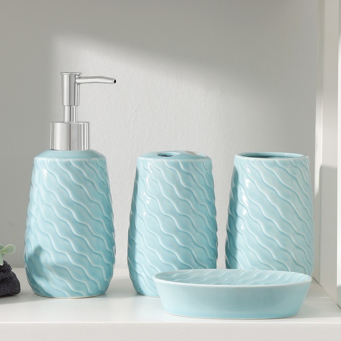 Набор аксессуаров для ванной комнаты Доляна «Волны», 4 предмета (дозатор 400 мл, мыльница, 2 стакана), цвет голубой - Фото 1