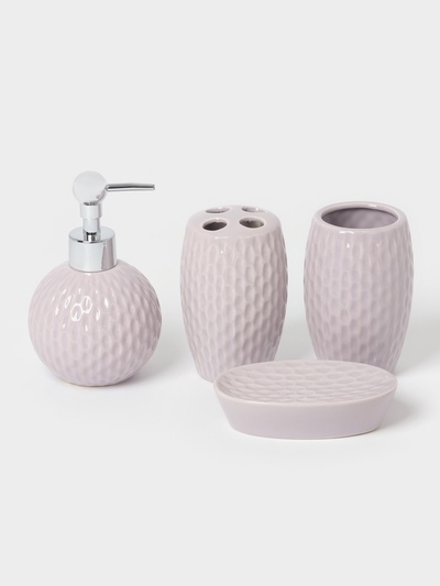 Аксессуары для ванной Доляна «Рельеф», 4 предмета, дозатор 300 мл, мыльница, 2 стакана, сиреневые
