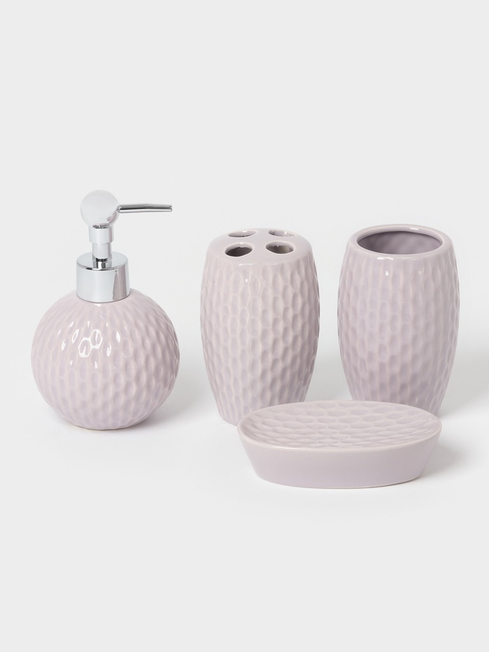 Аксессуары для ванной Доляна «Рельеф», 4 предмета, дозатор 300 мл, мыльница, 2 стакана, сиреневые