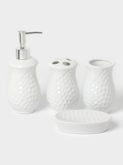 Аксессуары для ванной Доляна «Рельеф», 4 предмета, дозатор 340 мл, мыльница, 2 стакана 300 мл, белые