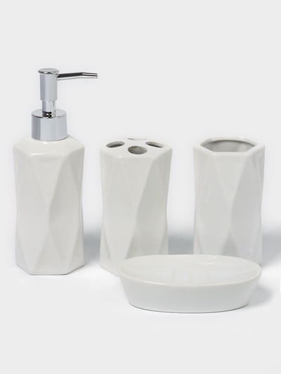 Набор аксессуаров для ванной комнаты Доляна «Геометрия», 4 предмета, дозатор, мыльница, два стакана, белый