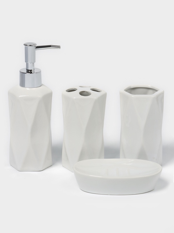 Набор аксессуаров для ванной комнаты Доляна «Геометрия», 4 предмета, дозатор, мыльница, два стакана, белый - Фото 1